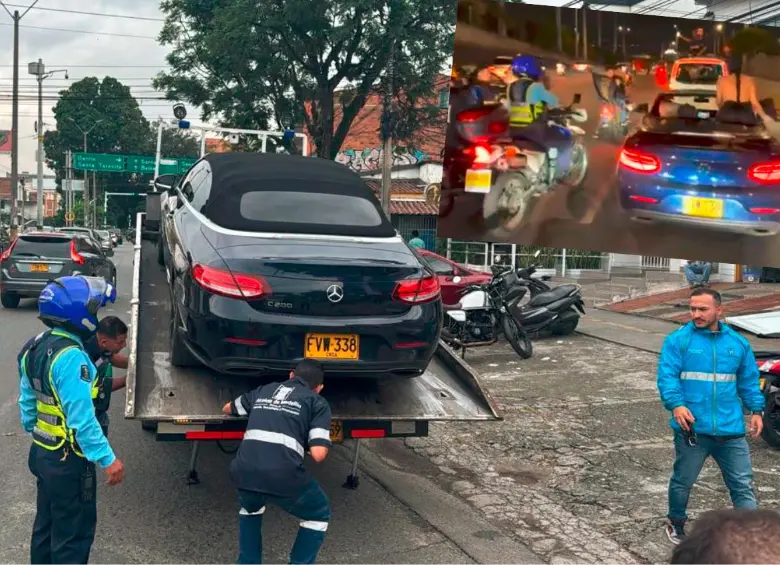 Los agentes de la Secretaría de Movilidad de Medellín inmovilizaron el vehículo convertible que iba en la caravana en la que se produjo la agresión al agente de tránsito en Parques del Río. FOTOS: Cortesía