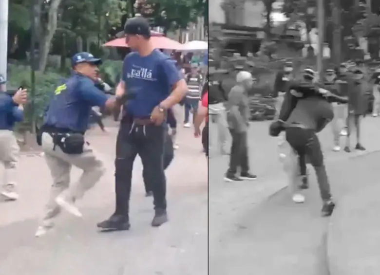 En un video, difundido en redes sociales, los grupos de gestores de convivencia de la Secretaría de Seguridad de Medellín fueron captados agrediendo a un ciudadano venezolano. Al parecer, los agredidos estarían cometiendo varias infracciones en el Parque Bolívar. FOTO: TOMADA DE VIDEO