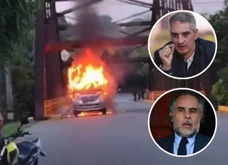 El gobernador de Antioquia, Andrés Julián Rendón (arriba), y el ministro del Interior, Armando Benedetti (abajo), se pusieron de acuerdo para levantar el paro minero en el Bajo Cauca, en medio de los desmanes que estos han generado, como la quema de dos camiones este lunes. FOTOS: CORTESÍA Y EL COLOMBIANO