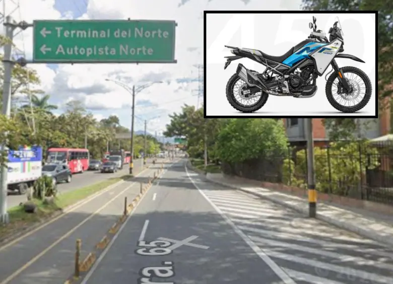 En este punto de la carrera 65 con la calle 80, en el barrio Caribe, de Medellín, ocurrió el choque de dos motos, ambas CF Moto CF400-8H (detalle). Este choque dejó como víctima a la panameña Vanessa Alexandra González Gómez, de 18 años. FOTOS: GOOGLE MAPS Y TOMADA DE LA WEB