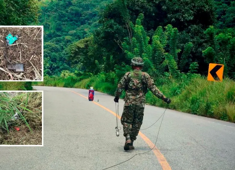 Mientras un grupo de soldados acudió a verificar el cilindro que dejaron en plena vía entre Llanos del Cuivá e Ituango, otros militares hicieron un rastreo a la zona, encontrándose con dos explosivos cercanos, los cuales fueron desactivados a tiempo. FOTO: Cortesía Ejército