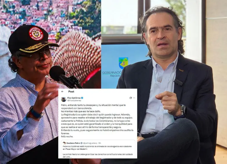 El presidente Gustavo Petro y el alcalde de Medellín, Federico Gutiérrez, tuvieron un nuevo cruce de palabras, esta vez por los temas del escrutinio y el ingreso de abogados a Plaza Mayor. FOTOS: EL COLOMBIANO