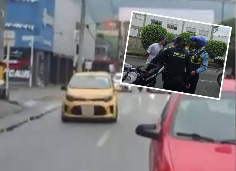 El conductor de este taxi se escapó en reversa en un operativo de la Secretaría de Movilidad de Medellín y lo interceptaron en una persecución en La Minorista. Allí habría agredido a un guarda de tránsito. FOTOS: CORTESÍA