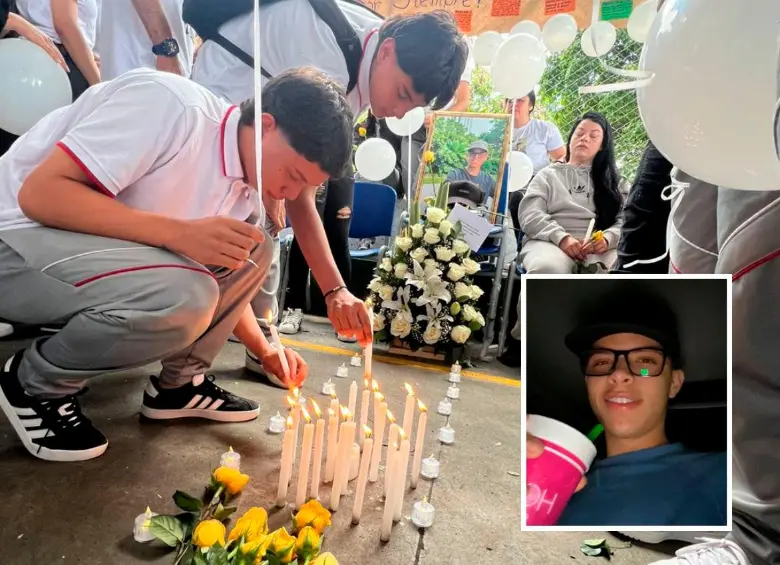 Los compañeros de estudio de Marlon Rivas Rojas, de 17 años, le rindieron homenaje en las instalaciones de la Institución Educativa López de Mesa, al tiempo que hacían protestas para pedir justicia por su muerte. FOTO CORTESÍA