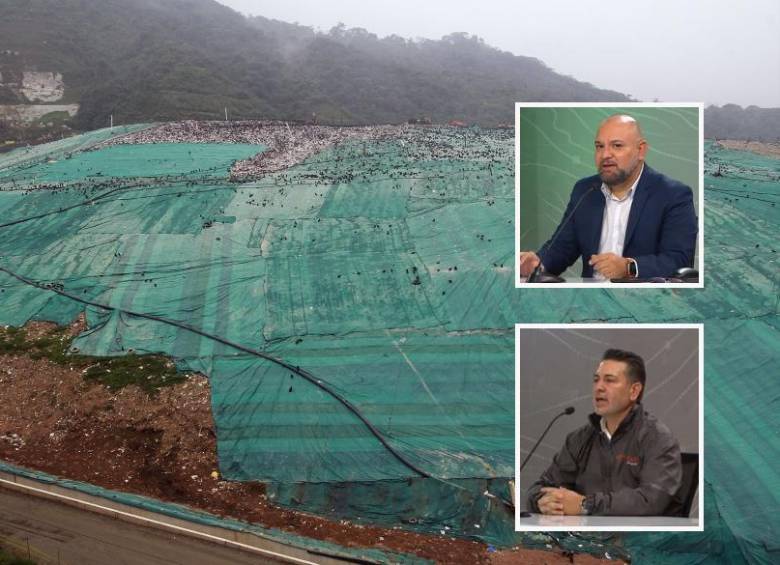 Adelante, los dos funcionarios implicados. Atrás, imagen de referencia del relleno sanitario La Pradera que contiene el vaso Altair. Foto: EL COLOMBIANO e imágenes tomadas de redes.