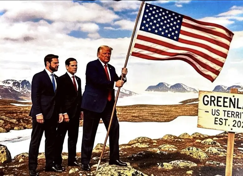 Imagen generada con Inteligencia Artificial y publicada por Donald Trump en su red Truth Social, donde se ve al presidente de Estados Unidos llegando con JD Vance y Marco Rubio a Groenlandia como conquistadores. 