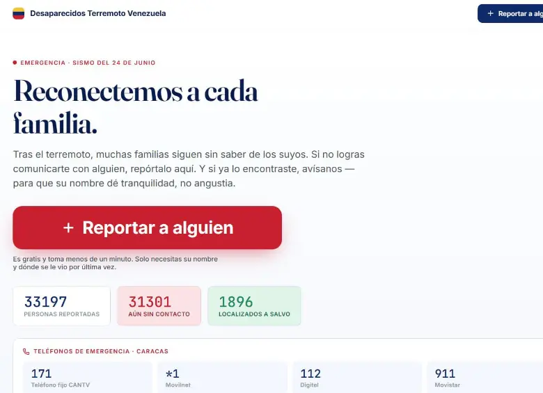 Así se ve el sitio web creado para ayudar a encontrar a las personas desaparecidas tras el terremoto. FOTO: Captura de pantalla.