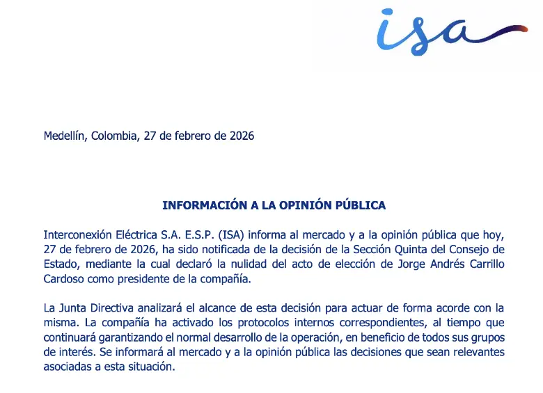 Junta de ISA se pronuncia tras nulidad de Jorge Carrillo y define ruta para elegir nuevo presidente