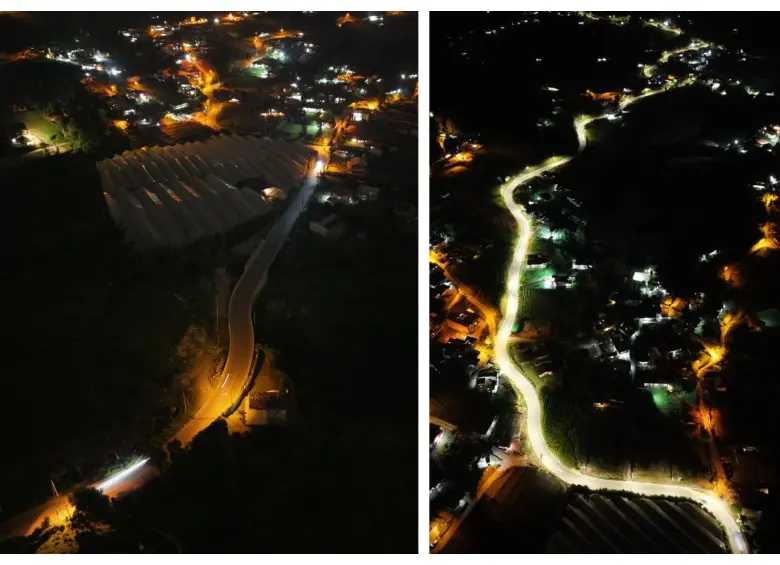 El antes y el después de uno de los tramos, tras ser iluminado con luces LED. FOTO: Cortesía Gobernación
