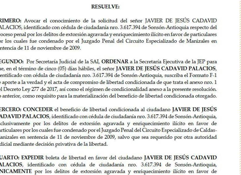 La JEP ordenó la libertad de Javier Cadavid, quien denunció por 12 años una injusticia