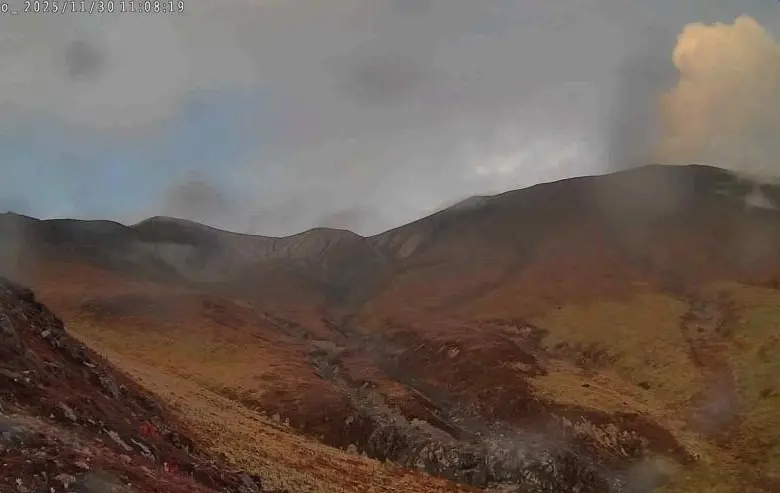Registro de la cámara Piocollo ubicada a 2 km en dirección nororiente del volcán Puracé. Columna de gases y ceniza fina con una altura mínima estimada de 500 m sobre la cima del volcán. FOTO: Servicio Geológico Colombiano.