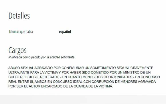Este es el facsímil de la circular roja de Interpol que se emitió, por petición de Argentina, contra el sacerdote antioqueño Guillermo León Pulgarín Acevedo.