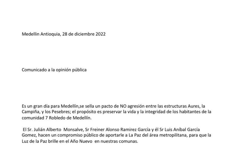Este sería el comunicado emitido por Los Pesebreros para dar fin al conflicto tras la muerte de alias “Tatú”. FOTO: CORTESÍA