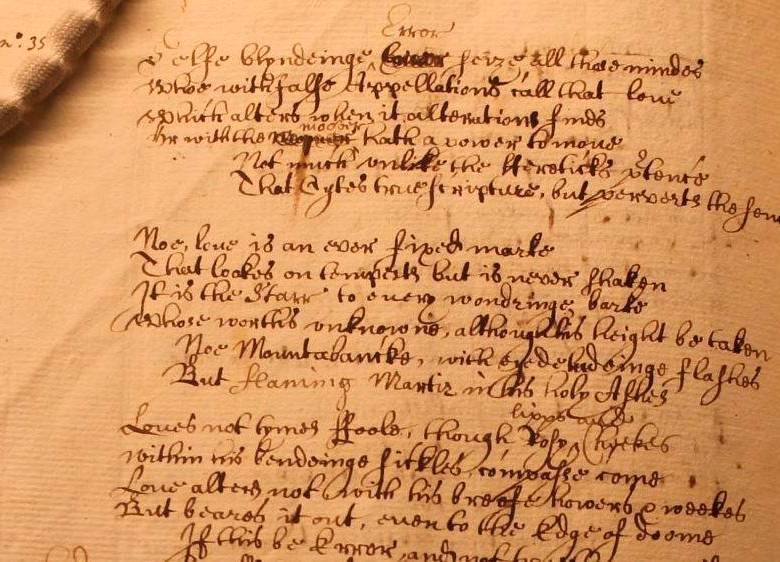 Soneto 116 de Shakespeare, copia manuscrita rara entre los papeles de Elias Ashmole. FOTO: Universidad de Oxford, Europa Press