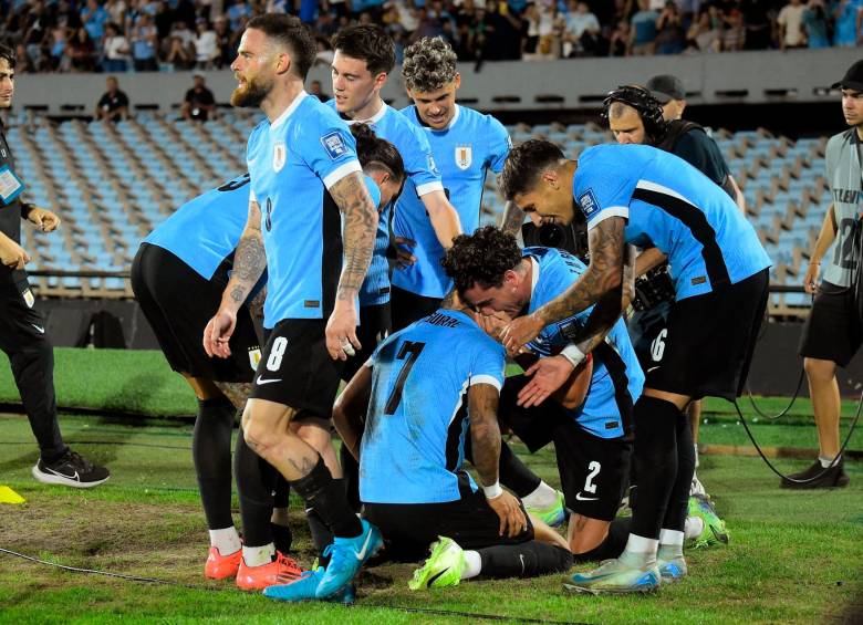 Festejo de los uruguayos en el primer gol anotado frente a Colombia. FOTO: Tomada de X @CONMEBOL