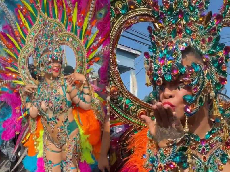 Rihanna desfiló en el Gran Día de Kadooment del Carnaval Crop Over de Barbados con un llamativo traje diseñado por la creadora local Lauren Austin, en su esperado regreso a la celebración tras dos años de ausencia. FOTO: @gabgonebad vía X.