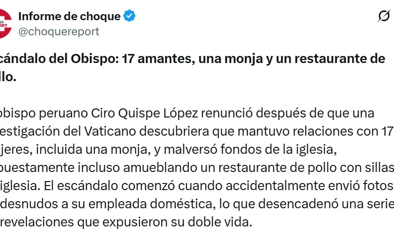 Obispo peruano renunció al Vaticano en medio de escándalo por 17 amantes y presunta malversación