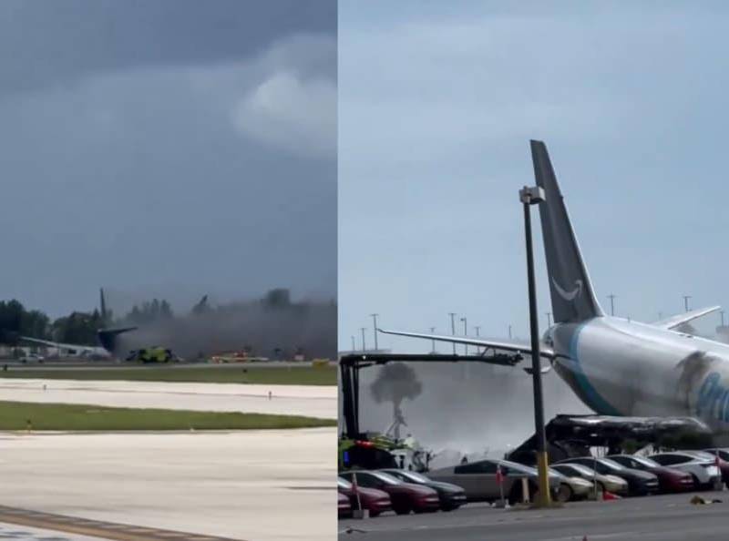 El avión de carga Boeing 767-300 terminó fuera de la pista y envuelto en llamas tras aterrizar en el Aeropuerto Internacional de Miami. El accidente provocó el despliegue de decenas de unidades de emergencia. FOTO: Redes sociales. 