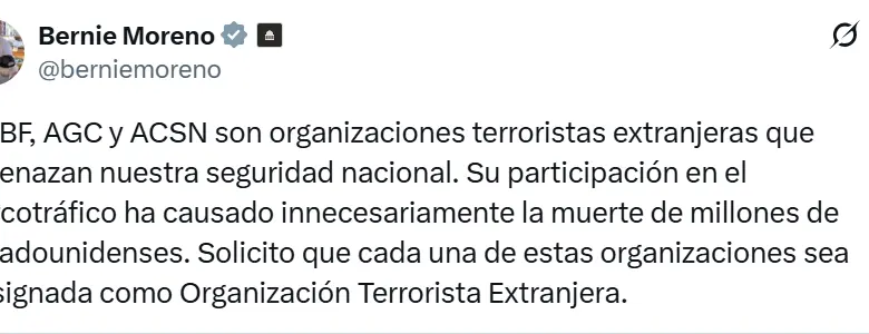Senador de EE. UU. Bernie Moreno pide declarar terroristas a grupos con los que Petro busca la paz 