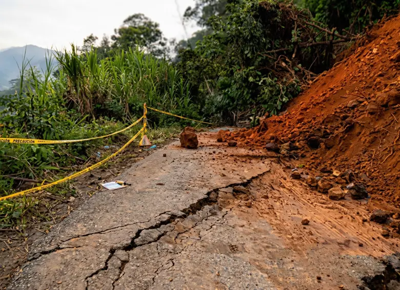 La falla geológica en la vía Concordia - Betulia se presentó en el sector Majagual. FOTO: Cortesía Gobernación de Antioquia. Imagen procesada con IA.