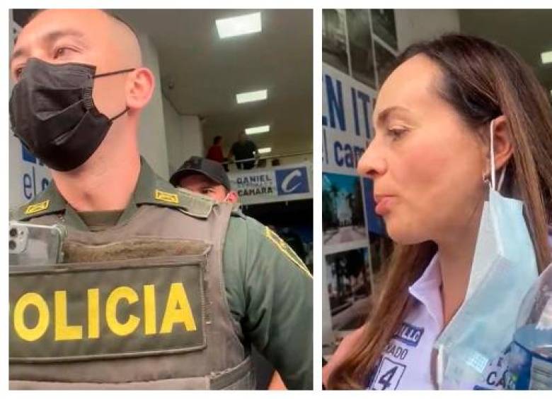 A la izquierda, el patrullero Dreiman David Jiménez Mosquera. A la derecha, Patricia Ramírez, la esposa del senador Carlos Andrés Trujillo. FOTO secuencia de video