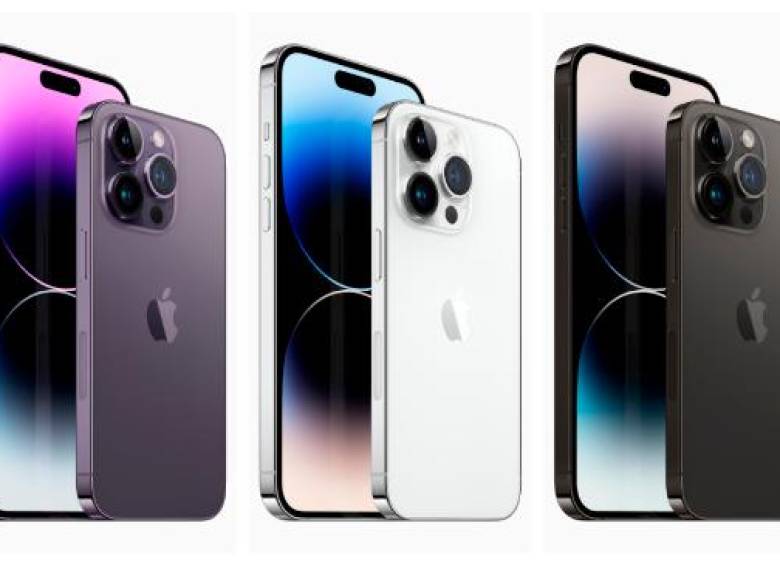  Estos son los iPhone 14 Pro y iPhone 14 Pro Max en colores púrpura, blanco y negro. FOTO Cortesía Apple 