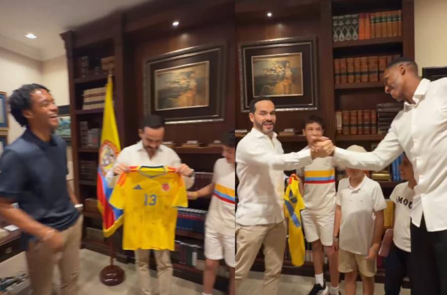 Yerry Mina y Juan Guillermo Cuadrado visitaron la residencia de Abelardo de la Espriella y le entregaron una camiseta de la Selección Colombia durante un encuentro que fue compartido en redes sociales. FOTO: captura de video vía Abelardo de la Espriella en Instagram. 