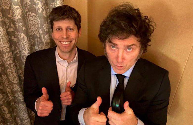 El presidente de Argentina, Javier Milei, y Sam Altman, CEO de OpenAI, sostuvieron una reunión sobre inteligencia artificial. FOTO: TOMADA DE X (@JMILEI)