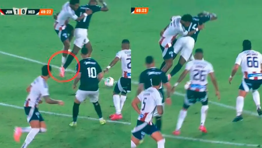 En las imágenes se puede apreciar el contacto de Didier Moreno por debajo y también sujetando a Baldomero por encima, sosteniéndolo hasta dentro del área. FOTOS PANTALLAZOS TOMADOS DE WIN SPORTS