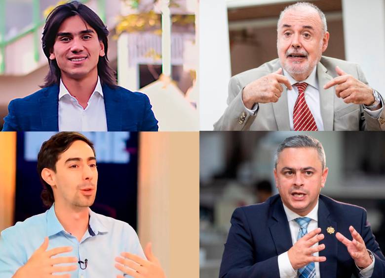 Albert Corredor, Gilberto Tobón, Juan Camilo Restrepo y Juan Carlos Upegui son los autores de algunas propuestas polémicas en la campaña a la Alcaldía de Medellín. FOTO: EL COLOMBIANO Y CORTESÍA