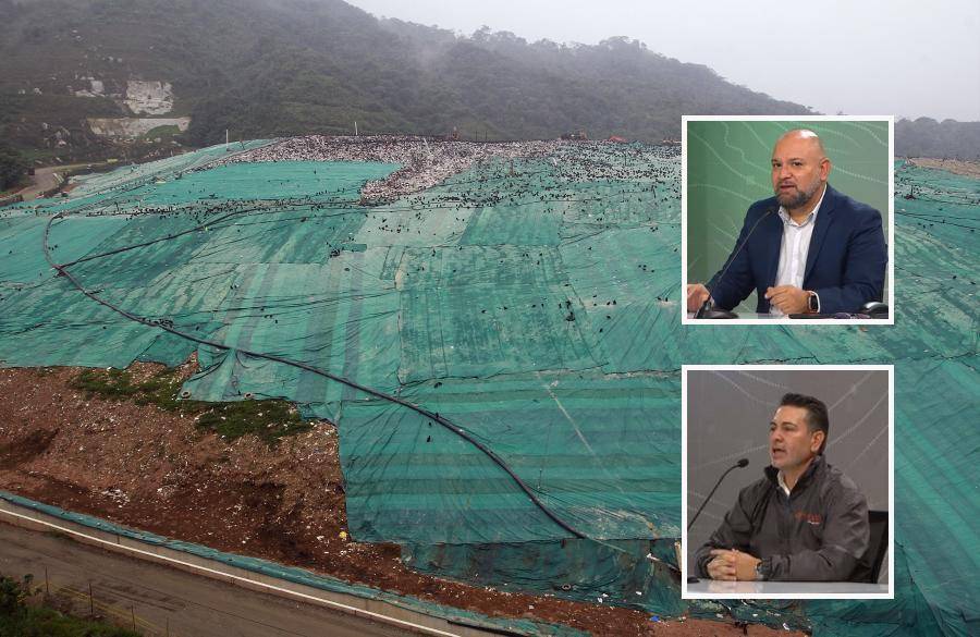 Adelante, los dos funcionarios implicados. Atrás, imagen de referencia del relleno sanitario La Pradera que contiene el vaso Altair. Foto: EL COLOMBIANO e imágenes tomadas de redes.
