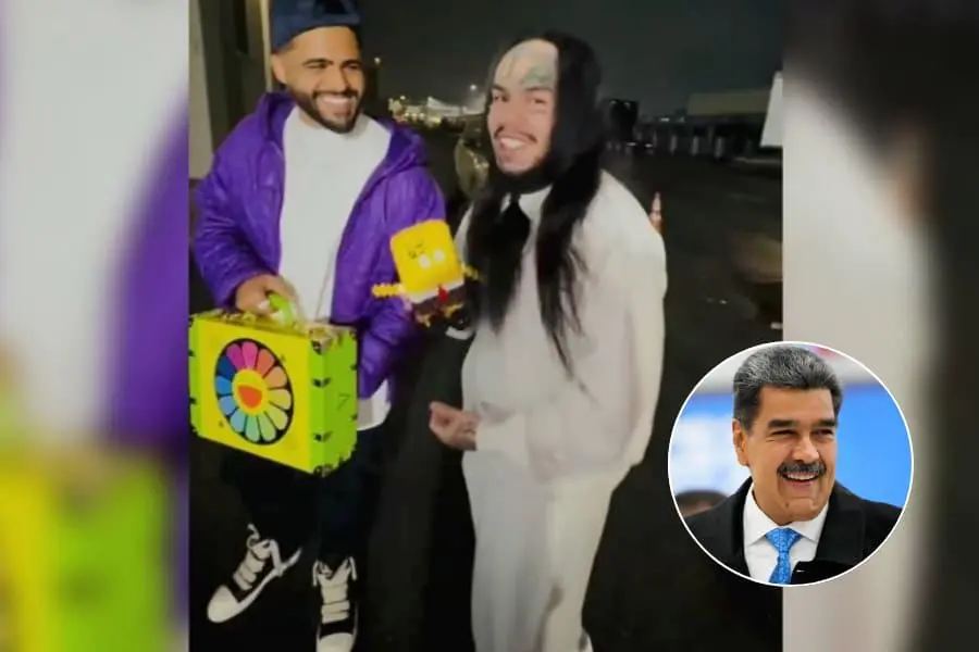 Tekashi 6ix9ine está sosteniendo el peluche de Bob Esponja autografiado por Nicolás Maduro. FOTO: Captura de pantalla