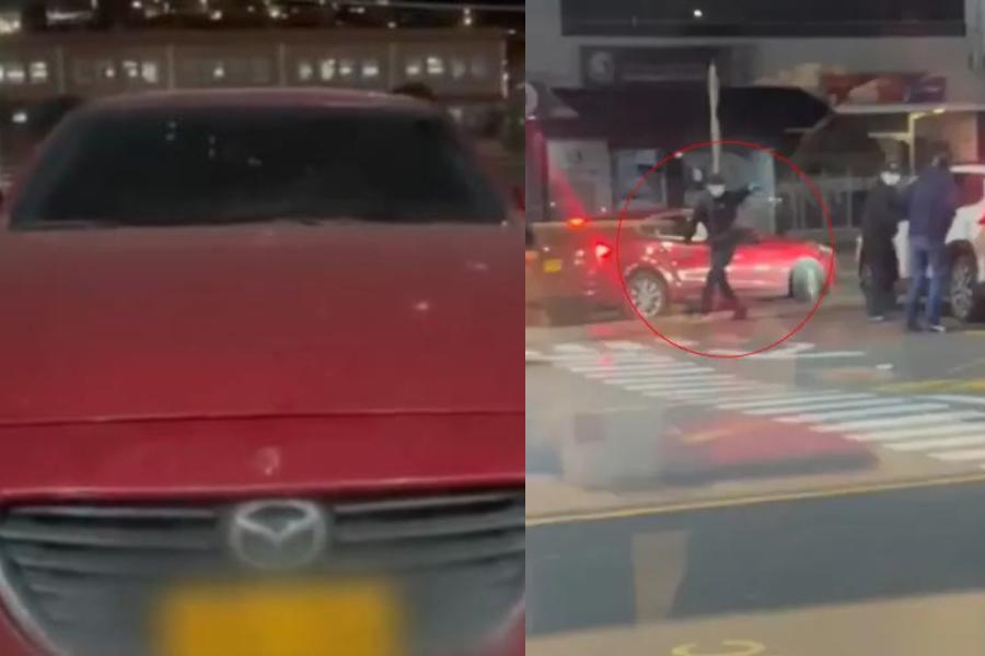 El vehículo encontrado por la Policía es el Mazda rojo en el que se movilizaban los atracadores. FOTO: Captura de pantalla