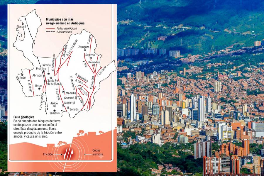 El mapa detalla los principales sistemas de fallas geológicas —como Romeral, Palestina y Murindó— y los municipios de Antioquia con mayor vulnerabilidad ante un evento telúrico. FOTO: JUAN ANTONIO SÁNCHEZ - EL COLOMBIANO