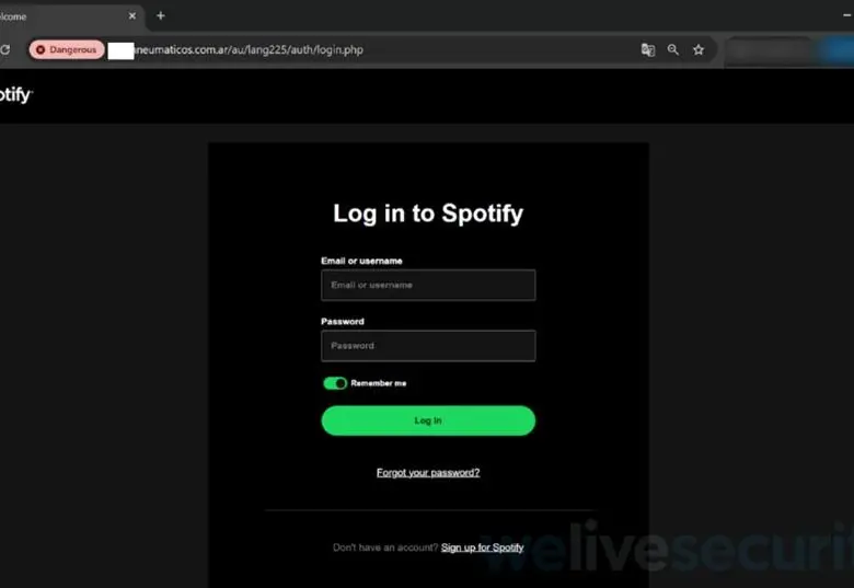 Otro ejemplo de un sitio legítimo que es aprovechado para alojar un sitio falso de Spotify. FOTO cortesía ESET