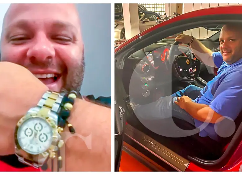En un video, Miguel Quintero aparece chicaneando con un Rolex, y en una foto se muestra conduciendo un Ferrari. FOTOS: CORTESÍA