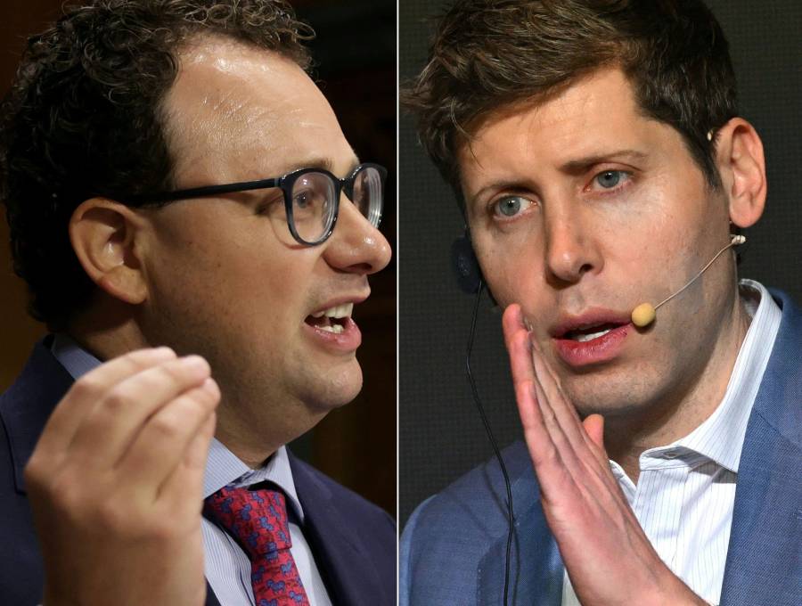 Dario Amodei, director de Anthropic; y Sam Altman, CEO de OpenAI, piden frenar la IA. FOTO: AFP.