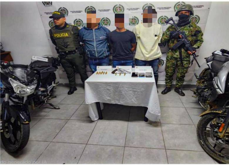 Tres de los capturados en los dos operativos del Ejército en el Suroeste antioqueño. FOTO Cortesía Cuarta Brigada.