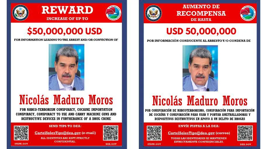 El nuevo afiche de recompensa de Estados Unidos contra Nicolás Maduro. FOTO: Cortesía DEA