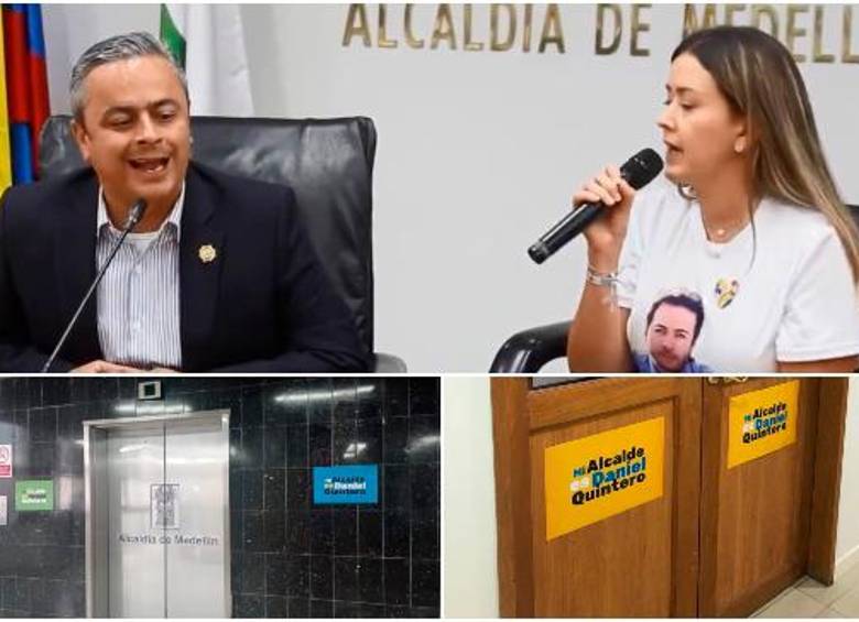 Arriba, el choque entre el alcalde encargado y María Camila Villamizar, secretaria de Gobierno, en el Consejo de Gobierno. Abajo, las calcomanías que pegaron en la Alcaldía FOTO cortesía. 