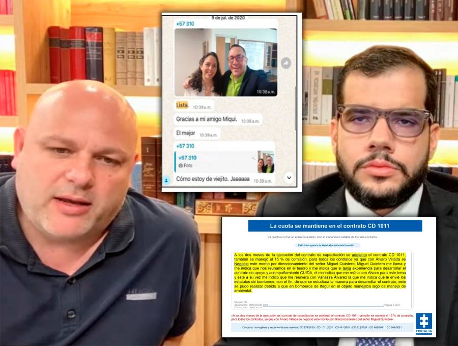 Miguel Quintero (izq.) recibía informes sobre los avances, por ejemplo esta notificación de Álvaro Villada (centro) de que ya estaba lista la contratación de Ana María Roldán. Abajo, un aparte de al declaración de Misael Cadavid donde habla del rol del hermano del entonces alcalde de Medellín. FOTOS: IMAGEN DE TRANSMISIÓN DE AUDIENCIA Y EXPEDIENTE