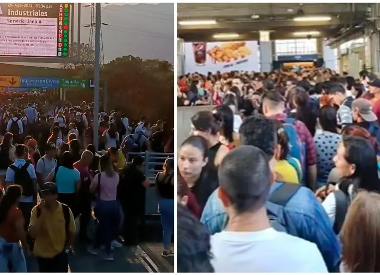 Usuarios han reportado la congestión que se vive en algunas estaciones, en especial en la de Industriales, donde hay un tren detenido y personas en las vías. FOTOS Cortesía Denuncias Antioquia