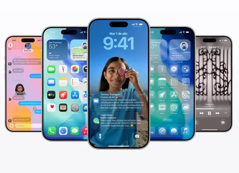 Interfaz de iOS 26 con el nuevo diseño Liquid Glass, que reproduce el efecto real del cristal en iconos y menús. FOTO cortesía