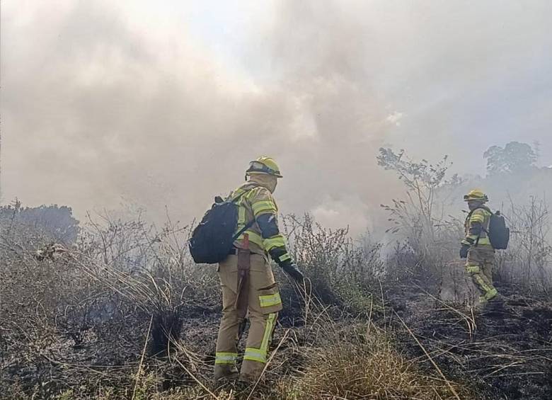 El incendio en Itagüí afectó, aproximadamente, 1,5 hectáreas. Las condiciones del terreno y los fuertes vientos dificultaron las labores. Foto: Cortesía.