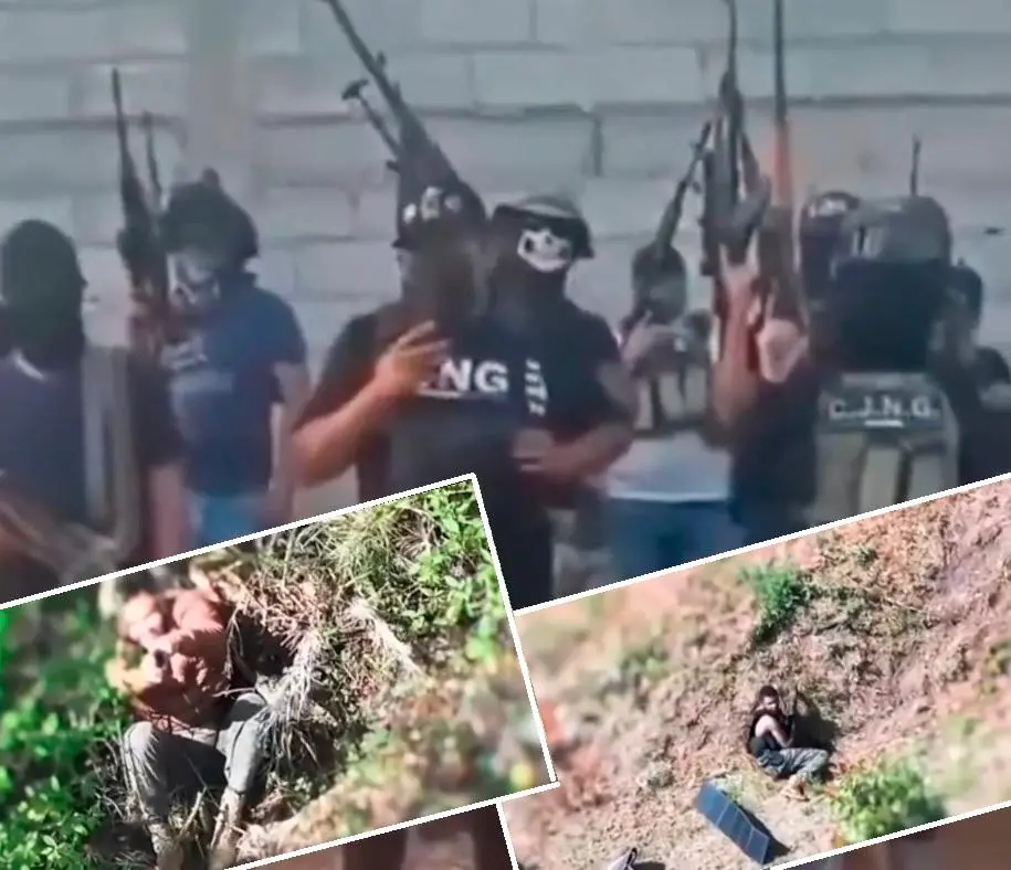 En los recuadros se ven algunos de los videos de supuestos mercenarios colombianos, grabados con un dron en Michoacán. IMÁGENES TOMADAS DE VIDEOS.