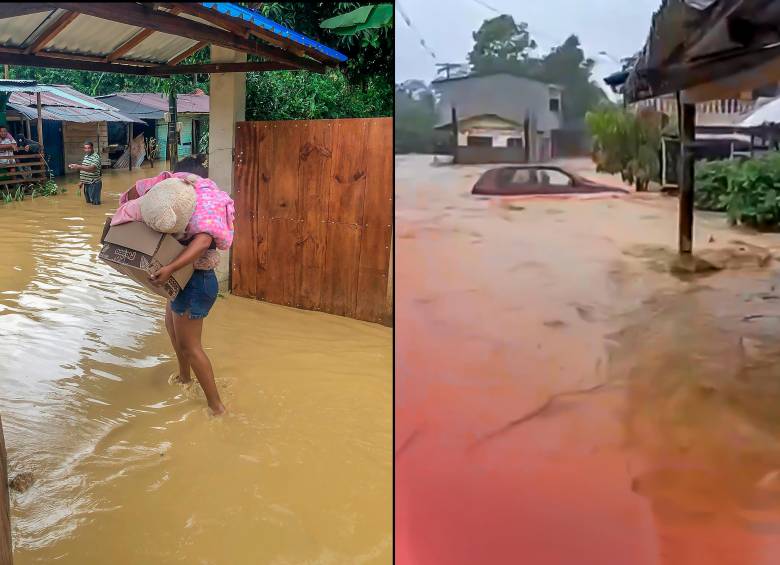 En el municipio de San Juan de Urabá las calles están totalmente inundadas. La Alcaldía declaró Urgencia Manifiesta y Calamidad Pública y se pidió la evacuación inmediata a las familias que viven aledaño al río San Juan de Urabá. FOTO: Captura de video