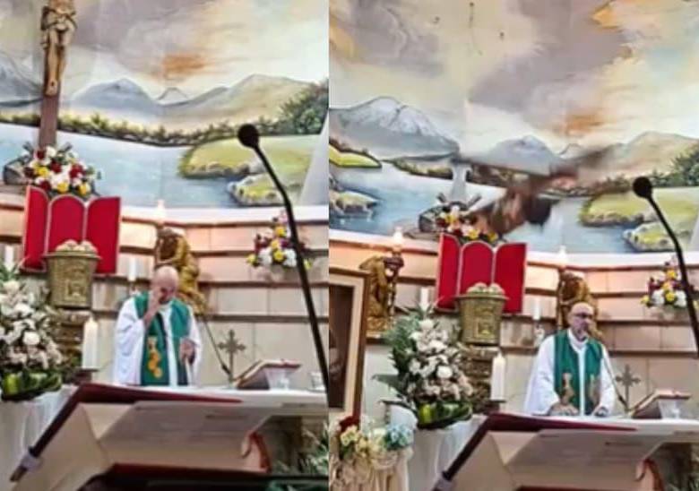 El sacerdote Patricio Alfredo Sánchez Molinari murió tras la caída de una cruz de madera durante una misa en la iglesia Nuestra Señora del Perpetuo Socorro, en Guayaquil, Ecuador. FOTO: Transmisión en vivo.