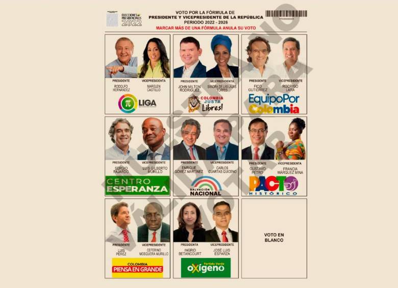 Así quedó el tarjetón para las elecciones presidenciales de 2022. FOTO: CORTESÍA REGISTRADURÍA
