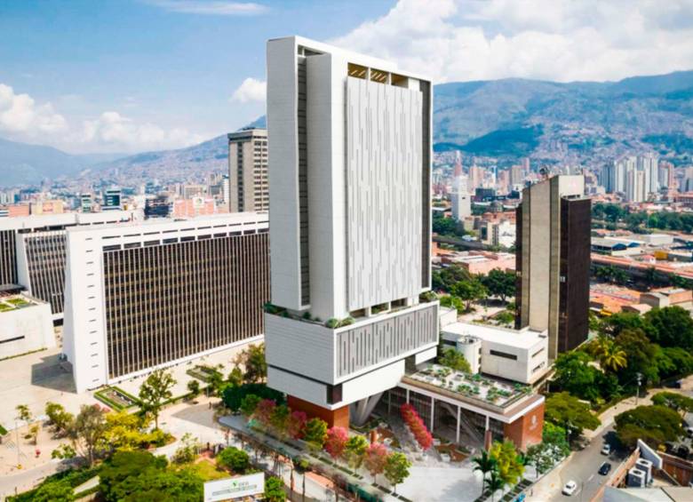 Prototipo del edificio de 28 pisos que será la sede del Palacio de Justicia de Medellín para 2027. FOTO: Cortesía Agencia Nacional Inmobiliaria Virgilio Barco