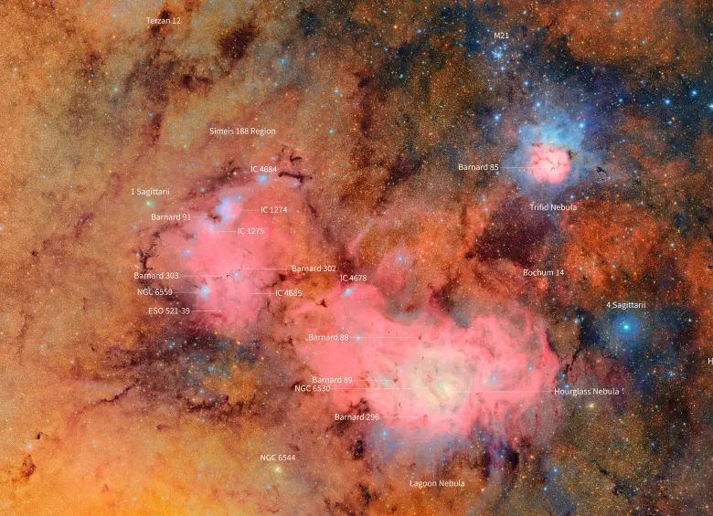 Esta imagen ofrece una mirada más cercana a la región que rodea las nebulosas Trífida y de la Laguna, como se aprecia en esta fotografía capturada por el Observatorio Vera C. Rubin de NSF-DOE. FOTO cortesía Observatorio Vera C. Rubin de NSF–DOE